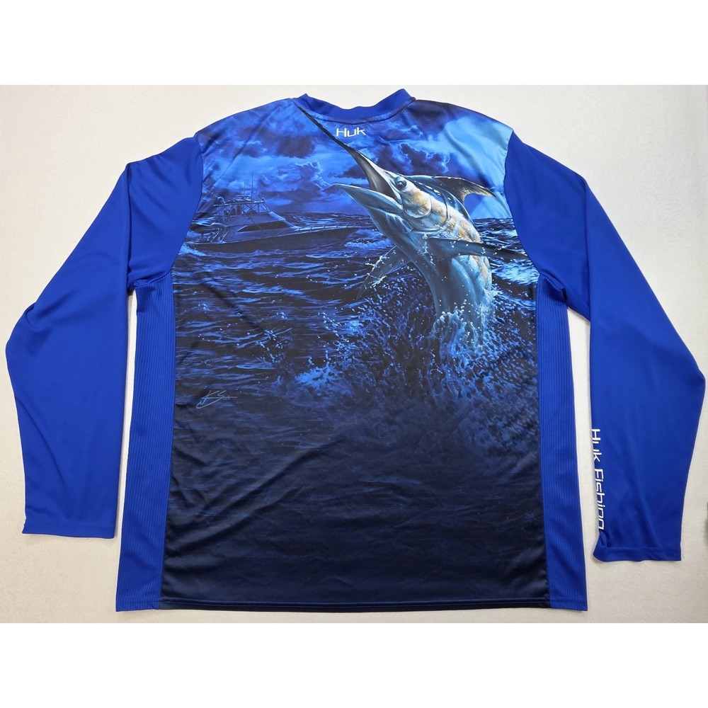 Huk Performance Fishing Shirt Mens 3XL Blue Graphic Fish Print Long Sleeve UPF
